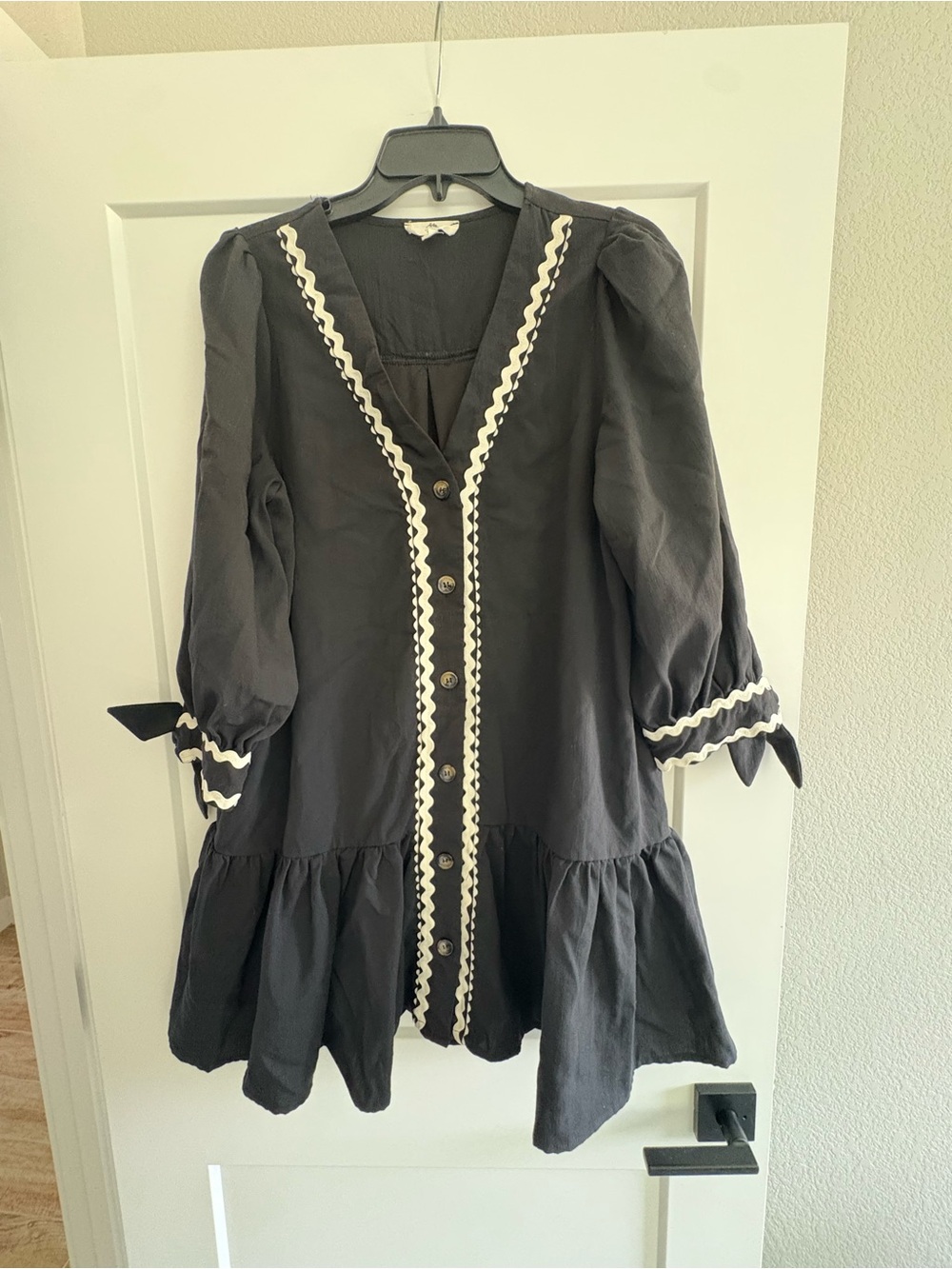 entro Black Mini Dress with Ivory Trim and Button Front